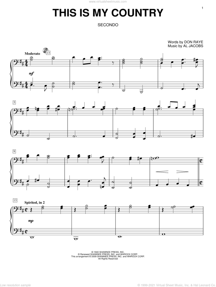 This Is My Country sheet music for piano four hands by Tennessee Ernie Ford, Al Jacobs and Don Raye, intermediate skill level