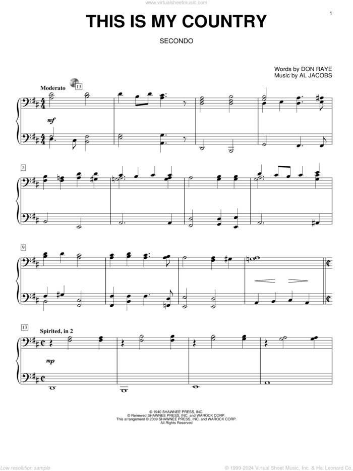 This Is My Country sheet music for piano four hands by Tennessee Ernie Ford, Al Jacobs and Don Raye, intermediate skill level