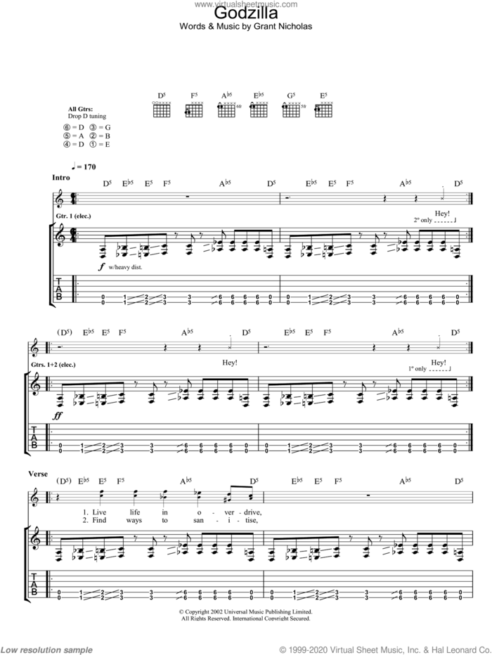 Godzilla sheet music for guitar (tablature) by Feeder, intermediate skill level