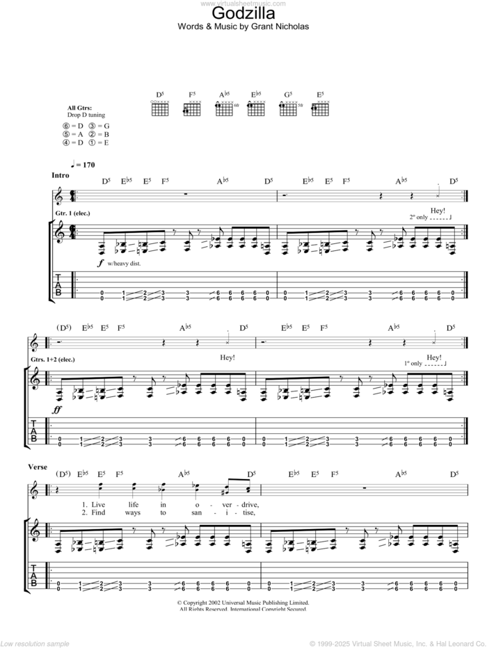 Godzilla sheet music for guitar (tablature) by Feeder, intermediate skill level