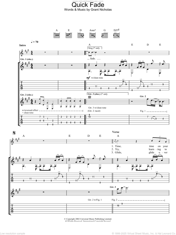 Quick Fade sheet music for guitar (tablature) by Feeder, intermediate skill level