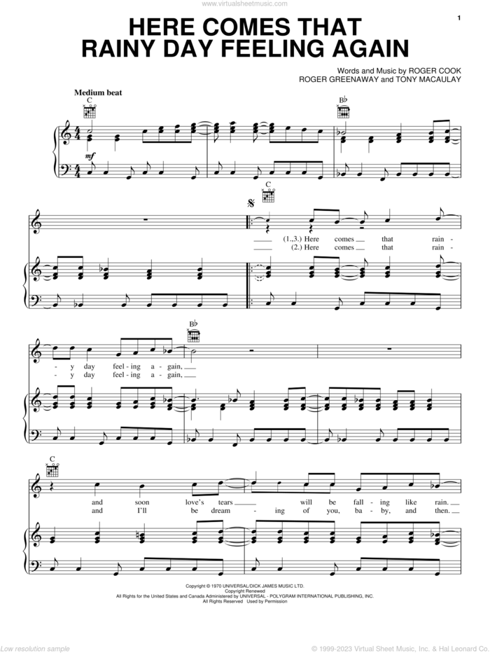 Here Comes That Rainy Day Feeling Again sheet music for voice, piano or guitar by The Fortunes, Roger Cook, Roger Greenaway and Tony Macaulay, intermediate skill level