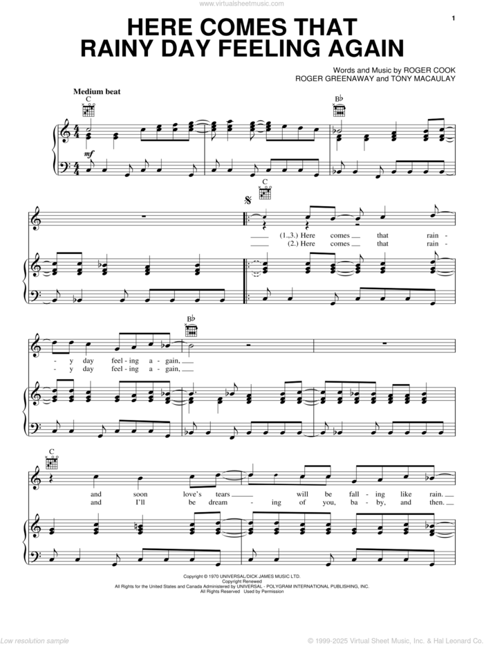 Here Comes That Rainy Day Feeling Again sheet music for voice, piano or guitar by The Fortunes, Roger Cook, Roger Greenaway and Tony Macaulay, intermediate skill level