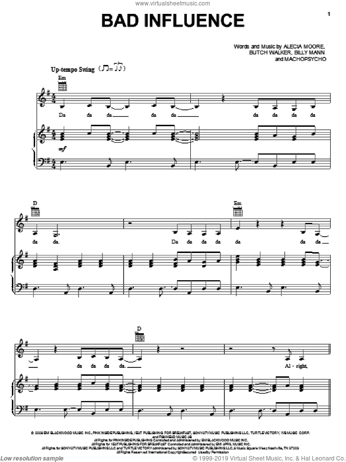Bad Influence sheet music for voice, piano or guitar by Billy Mann, Miscellaneous, Alecia Moore, Butch Walker and Machopsycho, intermediate skill level