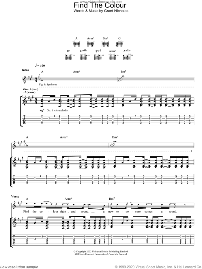 Find The Colour sheet music for guitar (tablature) by Feeder, intermediate skill level