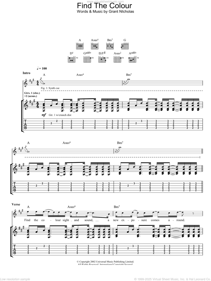 Find The Colour sheet music for guitar (tablature) by Feeder, intermediate skill level