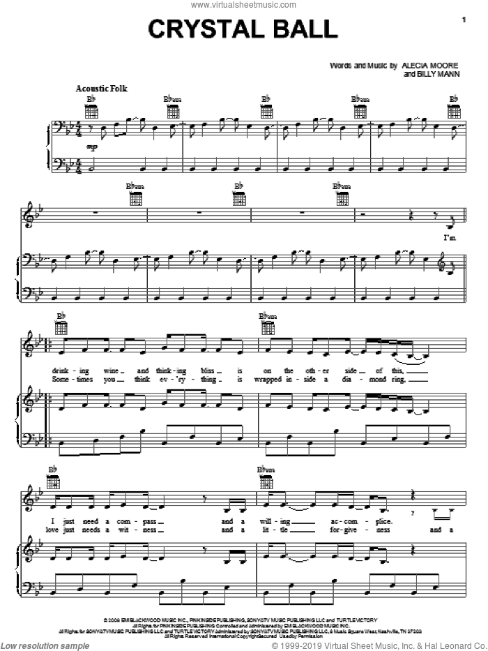Crystal Ball sheet music for voice, piano or guitar by Billy Mann, Miscellaneous and Alecia Moore, intermediate skill level