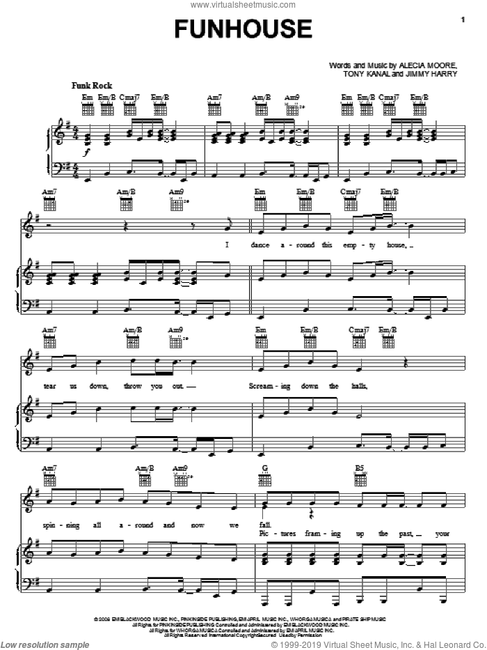 Funhouse sheet music for voice, piano or guitar by Jimmy Harry, Miscellaneous, Alecia Moore and Tony Kanal, intermediate skill level
