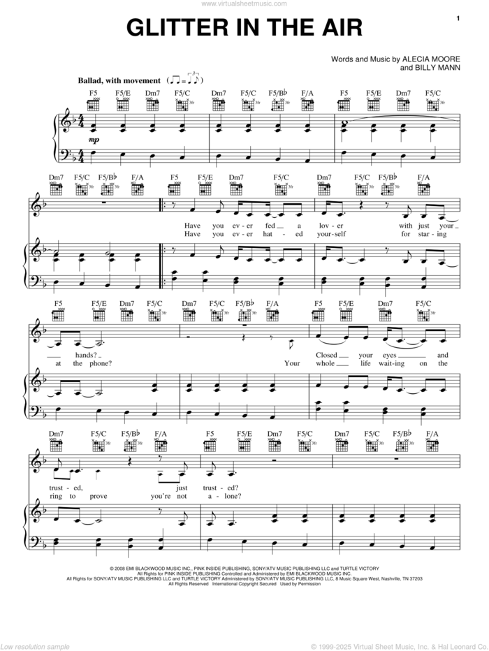 Glitter In The Air sheet music for voice, piano or guitar by Billy Mann, Miscellaneous, P!nk and Alecia Moore, intermediate skill level