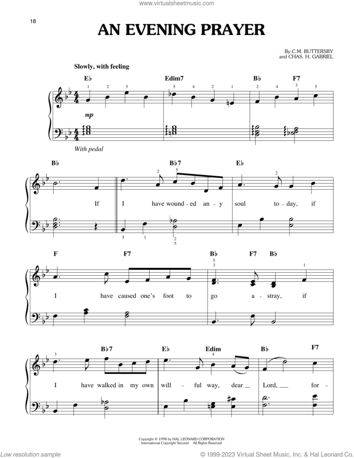 An Evening Prayer sheet music for piano solo by Elvis Presley, C.M. Battersby and Chas. H. Gabriel, easy skill level