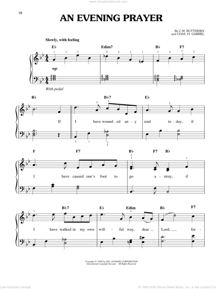 An Evening Prayer sheet music for piano solo by Elvis Presley, C.M. Battersby and Chas. H. Gabriel, easy skill level