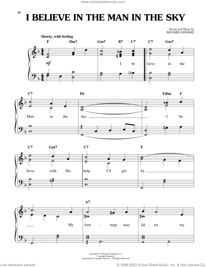 I Believe In The Man In The Sky sheet music for piano solo by Elvis Presley and Richard Howard, easy skill level