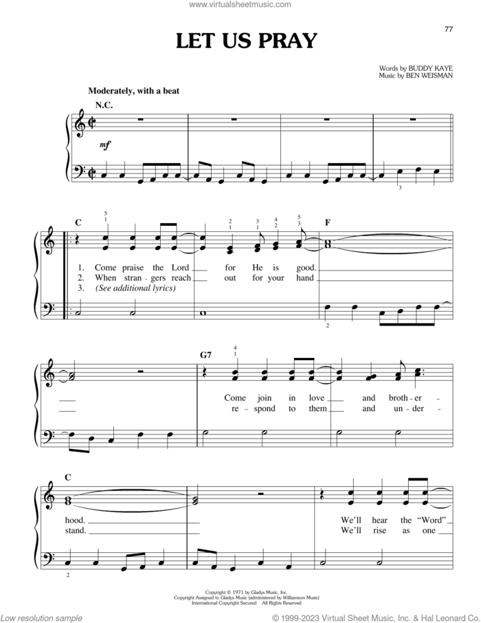 Let Us Pray sheet music for piano solo by Elvis Presley, Ben Weisman and Buddy Kaye, easy skill level