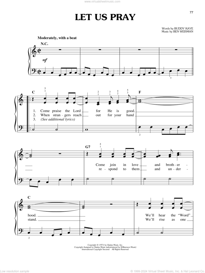 Let Us Pray sheet music for piano solo by Elvis Presley, Ben Weisman and Buddy Kaye, easy skill level