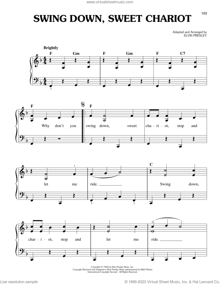 Swing Down, Sweet Chariot sheet music for piano solo by Elvis Presley, easy skill level