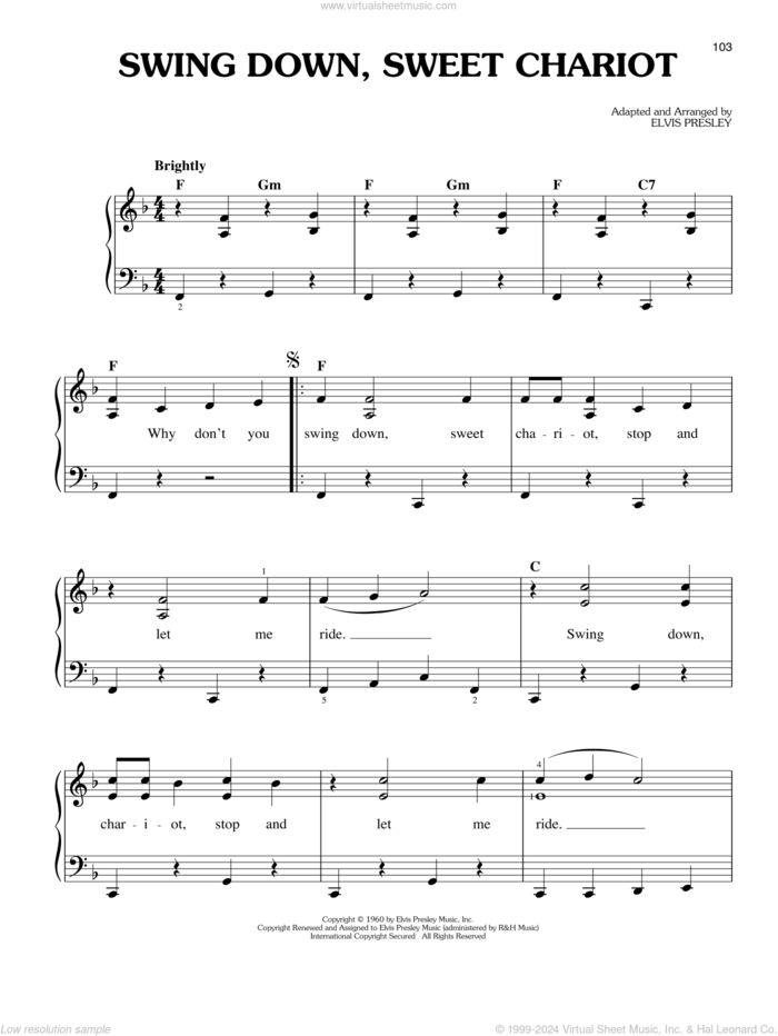 Swing Down, Sweet Chariot sheet music for piano solo by Elvis Presley, easy skill level