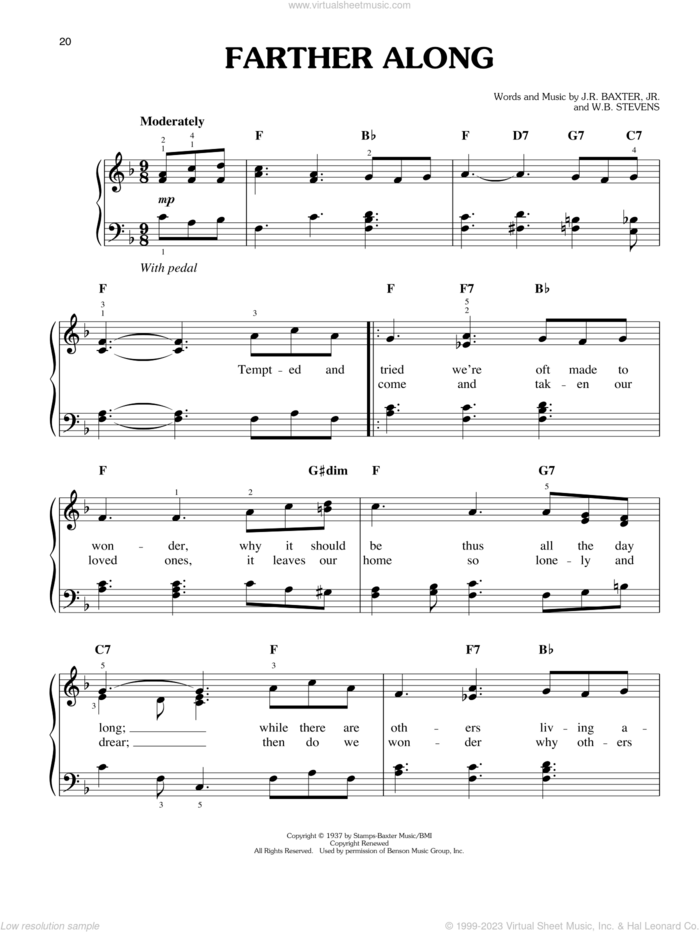 Farther Along sheet music for piano solo by Elvis Presley, J.R. Baxter, Jr. and Rev. W.B. Stevens, easy skill level