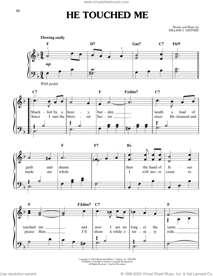 He Touched Me sheet music for piano solo by Elvis Presley and William J. Gaither, easy skill level