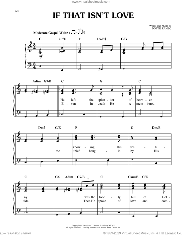If That Isn't Love sheet music for piano solo by Elvis Presley and Dottie Rambo, easy skill level
