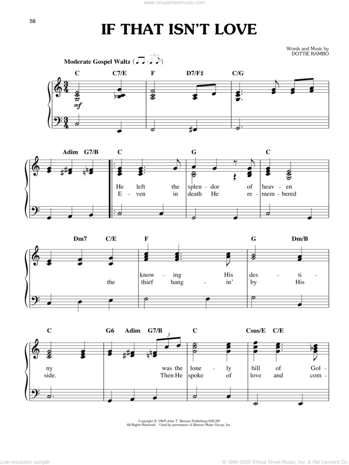 If That Isn't Love sheet music for piano solo by Elvis Presley and Dottie Rambo, easy skill level