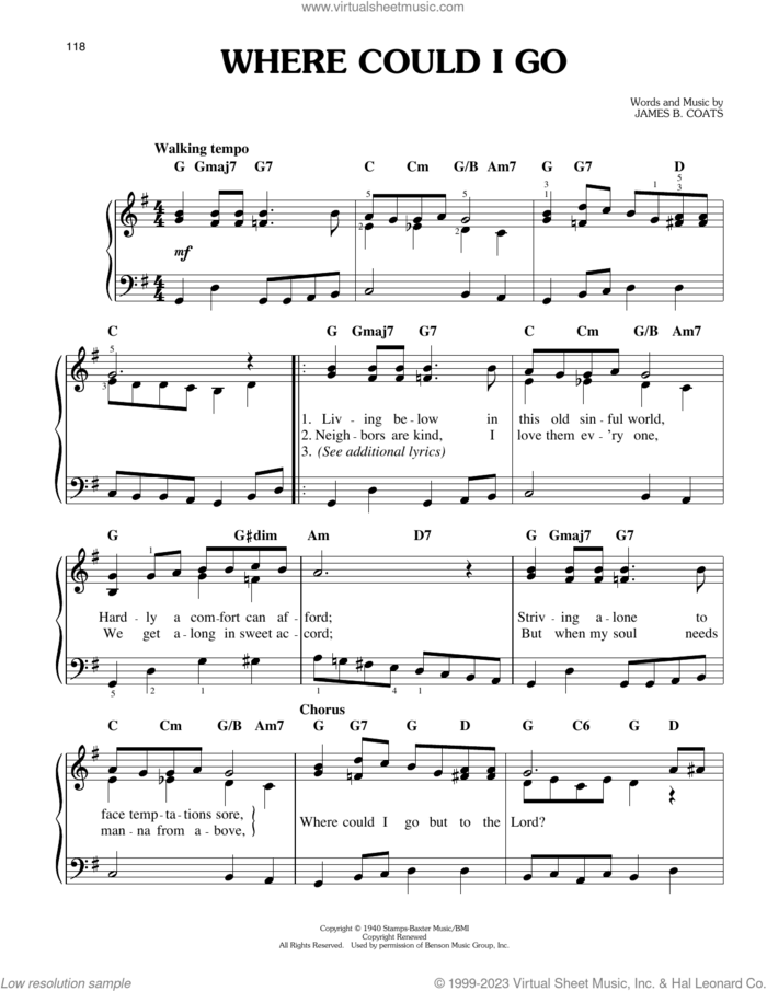 Where Could I Go, (easy) sheet music for piano solo by Elvis Presley and James B. Coats, easy skill level