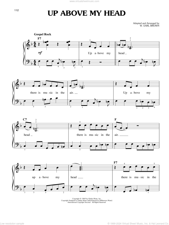 Up Above My Head sheet music for piano solo by Elvis Presley and W. Earl Brown, easy skill level