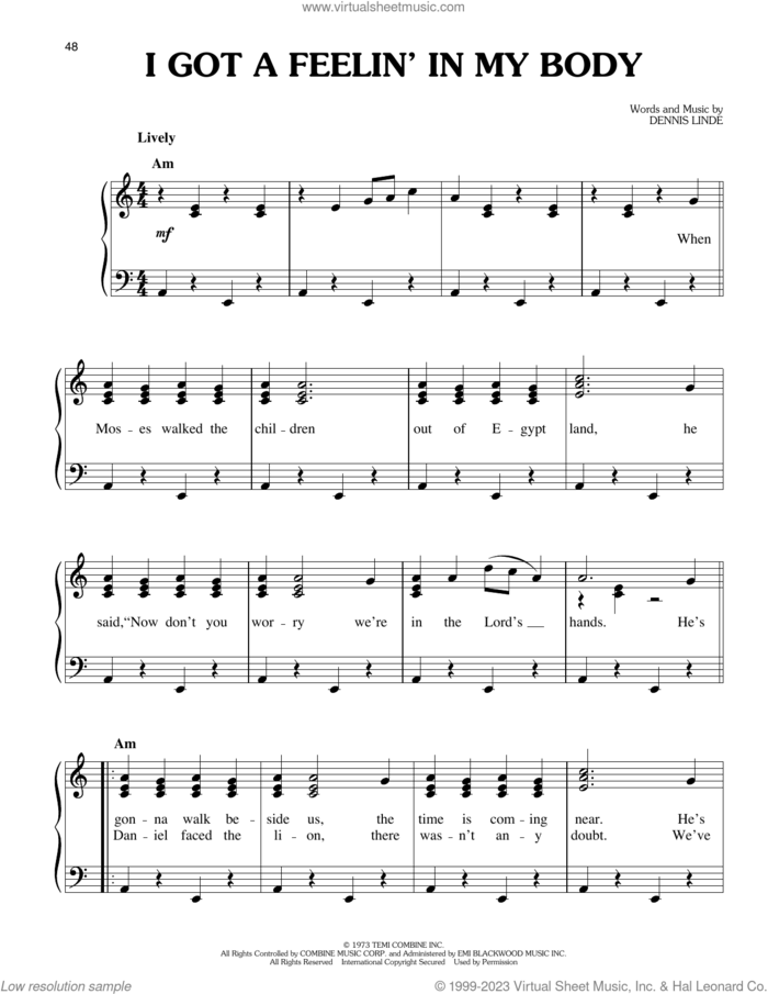 I Got A Feelin' In My Body sheet music for piano solo by Elvis Presley and Dennis Linde, easy skill level