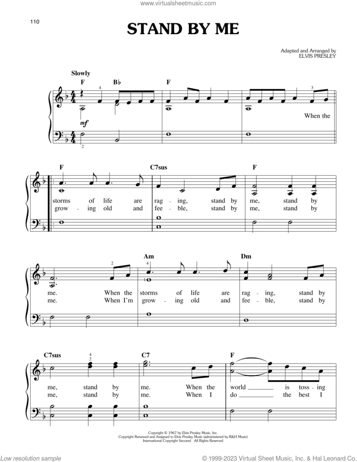 Stand By Me sheet music for piano solo by Elvis Presley, easy skill level