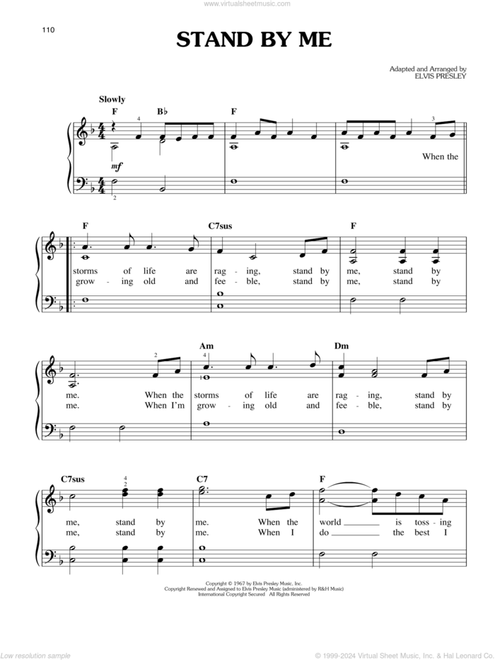 Stand By Me sheet music for piano solo by Elvis Presley, easy skill level