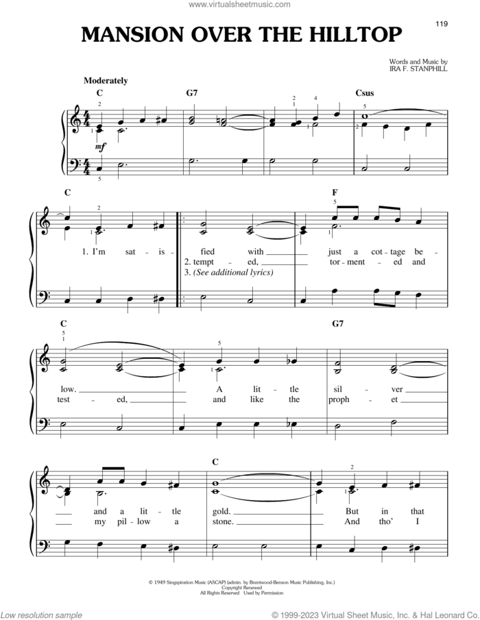 Mansion Over The Hilltop sheet music for piano solo by Elvis Presley and Ira F. Stanphill, easy skill level