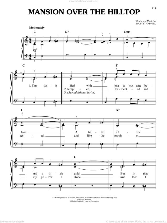 Mansion Over The Hilltop sheet music for piano solo by Elvis Presley and Ira F. Stanphill, easy skill level