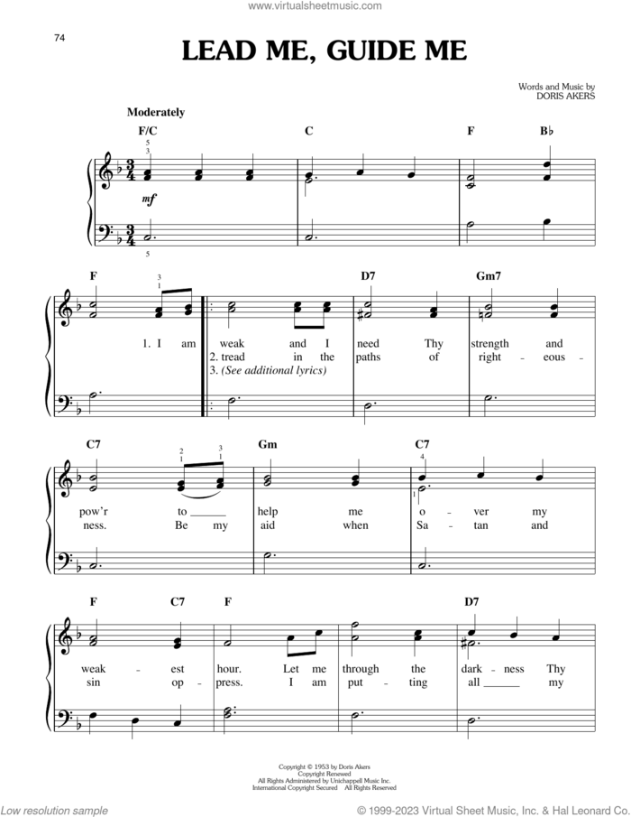 Lead Me, Guide Me sheet music for piano solo by Elvis Presley and Doris Akers, easy skill level