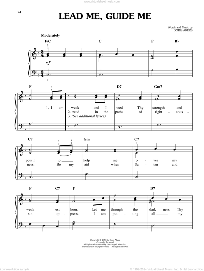 Lead Me, Guide Me sheet music for piano solo by Elvis Presley and Doris Akers, easy skill level