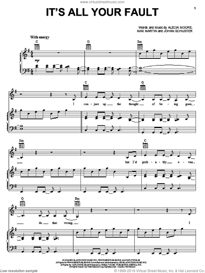 It's All Your Fault sheet music for voice, piano or guitar by Max Martin, Miscellaneous, Alecia Moore and Johan Schuster, intermediate skill level