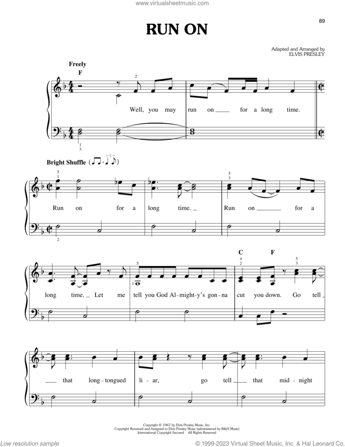Run On sheet music for piano solo by Elvis Presley, easy skill level