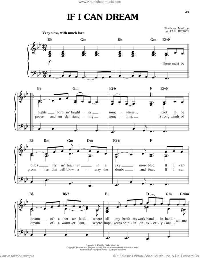If I Can Dream sheet music for piano solo by Elvis Presley and W. Earl Brown, easy skill level
