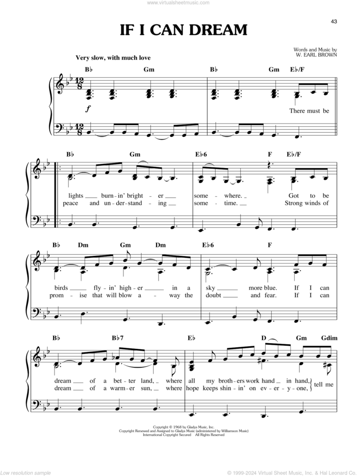 If I Can Dream sheet music for piano solo by Elvis Presley and W. Earl Brown, easy skill level