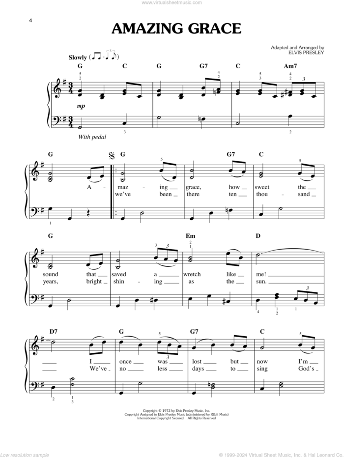 Amazing Grace sheet music for piano solo by Elvis Presley, easy skill level