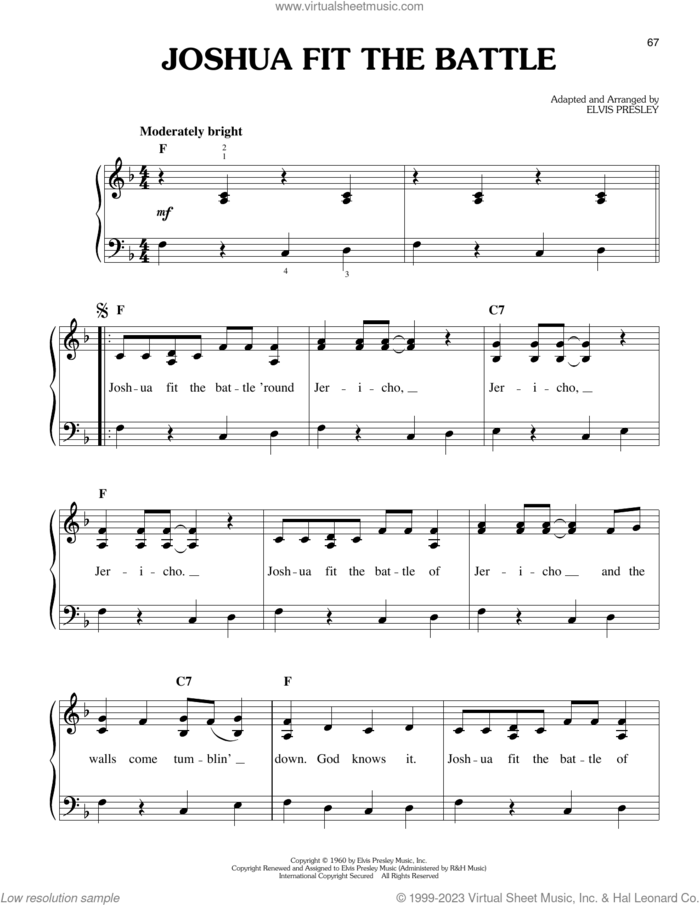 Joshua Fit The Battle sheet music for piano solo by Elvis Presley and Elvis Presley (arr.), easy skill level