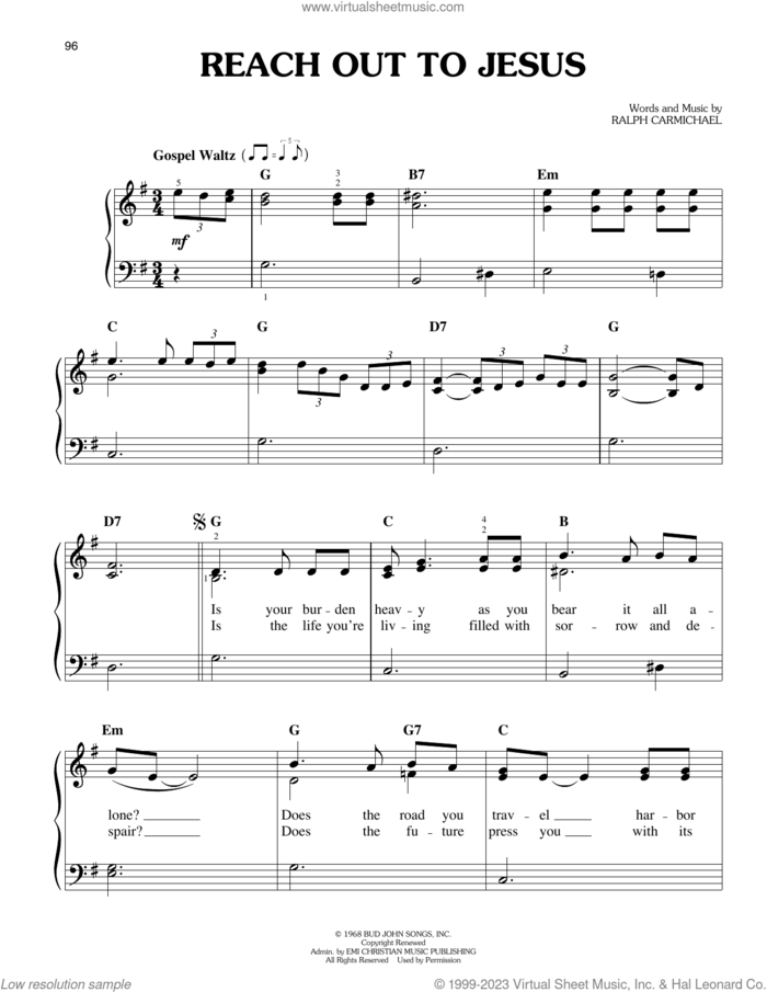 Reach Out To Jesus, (easy) sheet music for piano solo by Elvis Presley and Ralph Carmichael, easy skill level