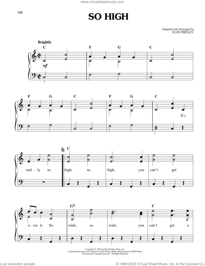 So High sheet music for piano solo by Elvis Presley, easy skill level