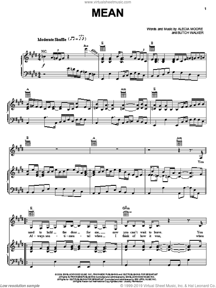 Mean sheet music for voice, piano or guitar by Alecia Moore, Miscellaneous and Butch Walker, intermediate skill level