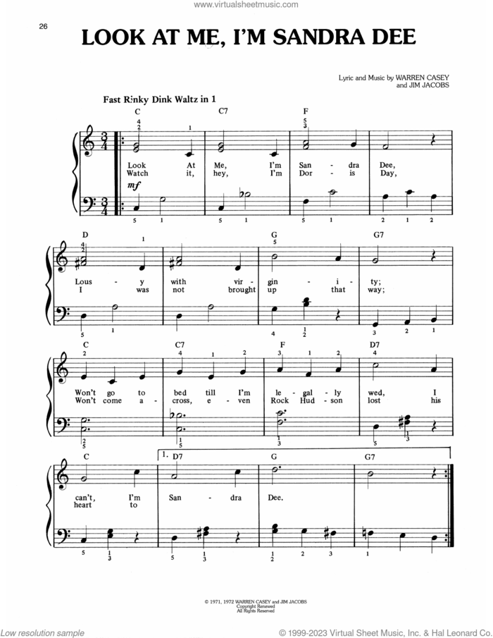 Look At Me, I'm Sandra Dee (from Grease) sheet music for piano solo by Warren Casey & Jim Jacobs, Jim Jacobs and Warren Casey, easy skill level