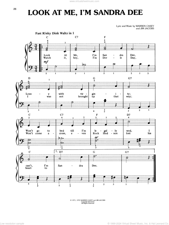 Look At Me, I'm Sandra Dee (from Grease) sheet music for piano solo by Warren Casey & Jim Jacobs, Jim Jacobs and Warren Casey, easy skill level