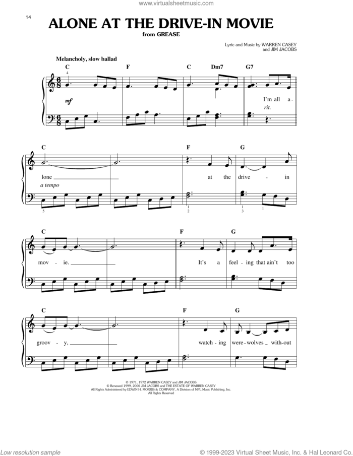 Alone At The Drive-In Movie (from Grease) sheet music for piano solo by Warren Casey & Jim Jacobs, Jim Jacobs and Warren Casey, easy skill level