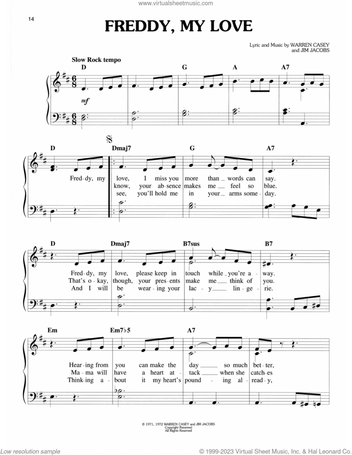 Freddy, My Love (from Grease) sheet music for piano solo by Warren Casey & Jim Jacobs, Jim Jacobs and Warren Casey, easy skill level