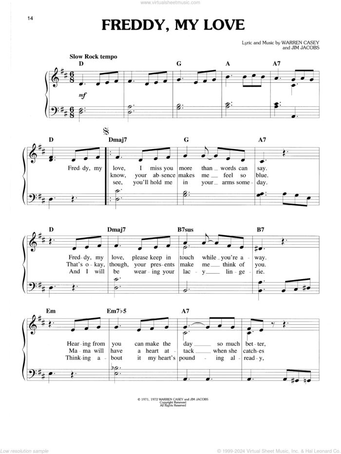 Freddy, My Love (from Grease) sheet music for piano solo by Warren Casey & Jim Jacobs, Jim Jacobs and Warren Casey, easy skill level