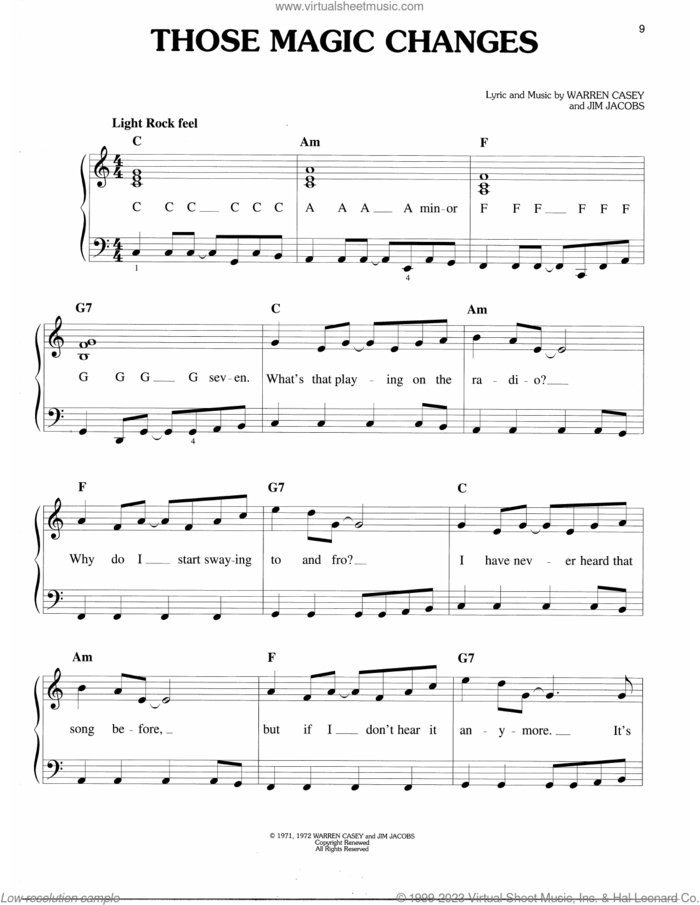 Those Magic Changes (from Grease) sheet music for piano solo by Warren Casey & Jim Jacobs, Jim Jacobs and Warren Casey, easy skill level
