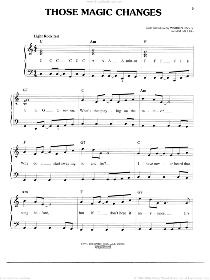 Those Magic Changes (from Grease) sheet music for piano solo by Warren Casey & Jim Jacobs, Jim Jacobs and Warren Casey, easy skill level