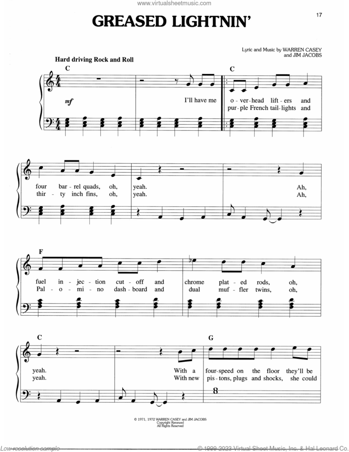 Greased Lightnin' (from Grease) sheet music for piano solo by Warren Casey & Jim Jacobs, Jim Jacobs and Warren Casey, easy skill level